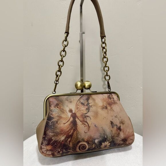 Unique Fairy Print Pebble Cowhide Handmade Large Ball Kisslock Handbag/Multi Use - Picture 9 of 16